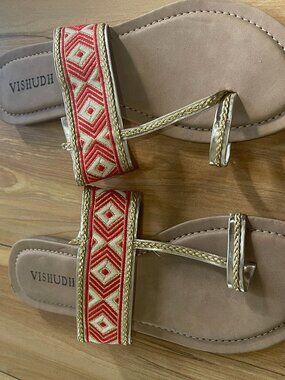 Vishudh Women's Embroidered Toe Ring Slide Sandals Size EU 39 Beige Gold Ethnic